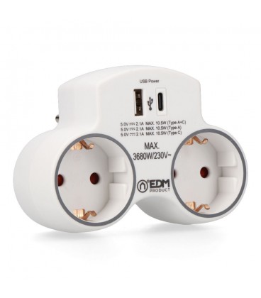 ADAPTADOR 2 TOMAS 2P+T SCHUKO CON 2 USB 