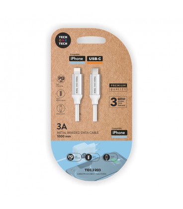 CABLE NYLON USB-C A LIGHTNING 1m BLANCO