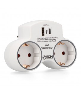 ADAPTADOR 2 TOMAS 2P+T SCHUKO CON 2 USB 